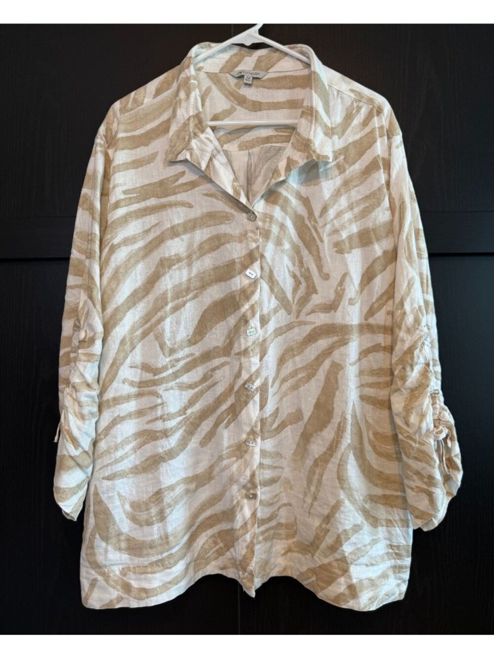John Mark Linen Patterned Button Up Collared Tunic Blouse 2X Long Sleeves Boho
